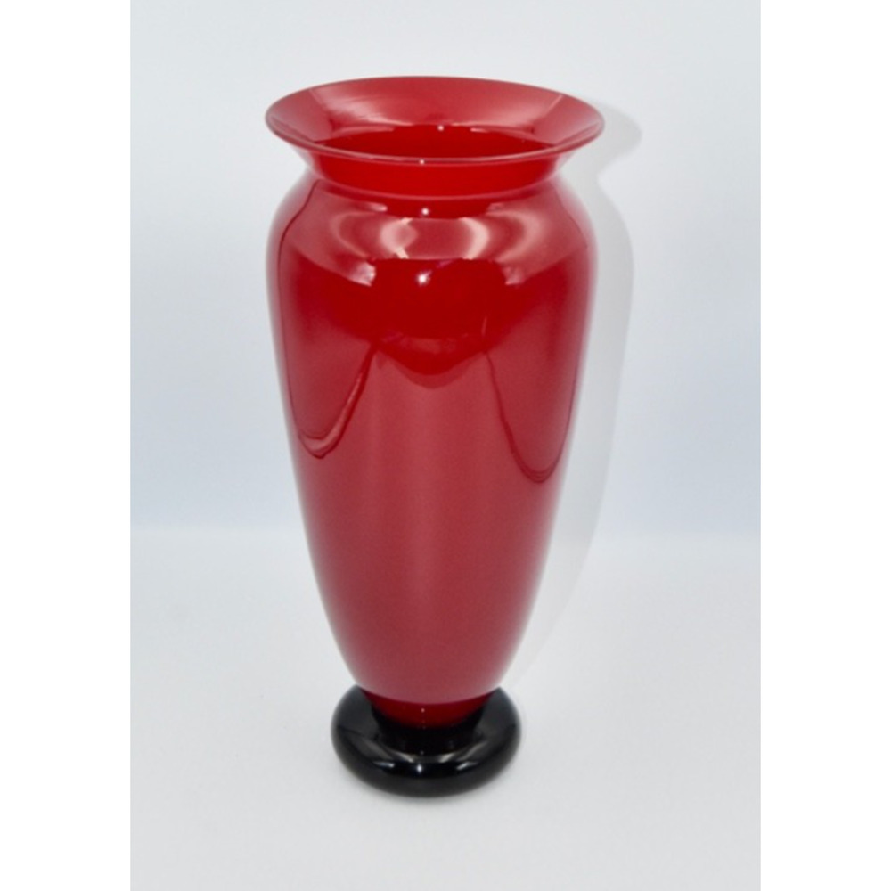 Donald Carlson Hand Blown Studio Art Glass Red & Black Footed Trumpet Vase